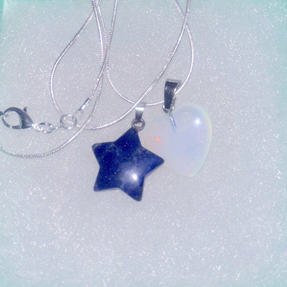 Boho hippie Opal Heart and Lapis Lazuli Star Sterling Silver Neckl…